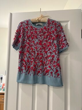 Tory Burch Light Blue Short-Sleeve Top with Red Bead Embellishment